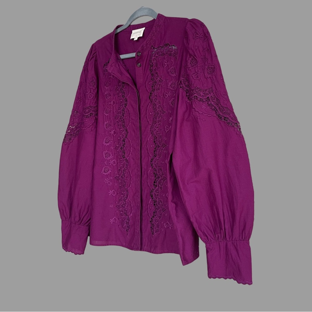 SEZANE Purple Boho Floral Embroidered Lace Button Down Shirt Honey Blouse Top - Picture 6 of 13